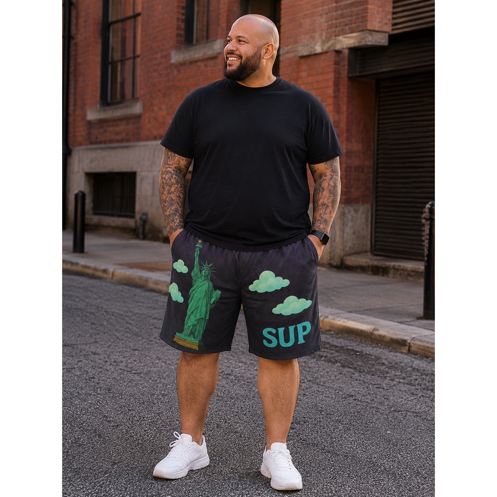 SUP Statue of Liberty Mesh Shorts Black Green Graphic Mens XXXL Streetwear